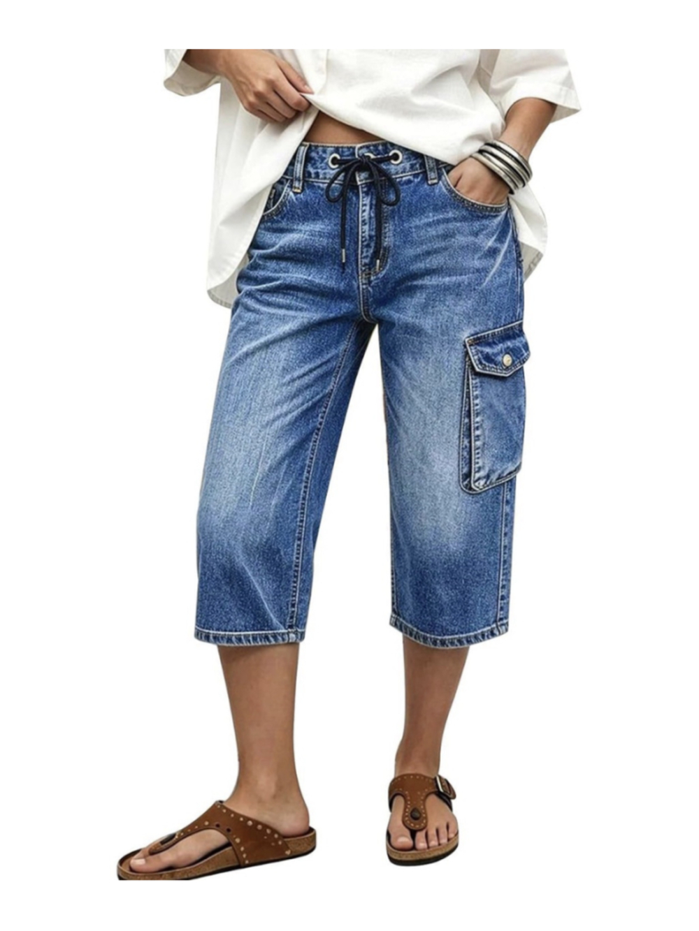 Flamingals Mid Rise Straight Leg Fit Capri Jeans for Women Washed Cargo XL